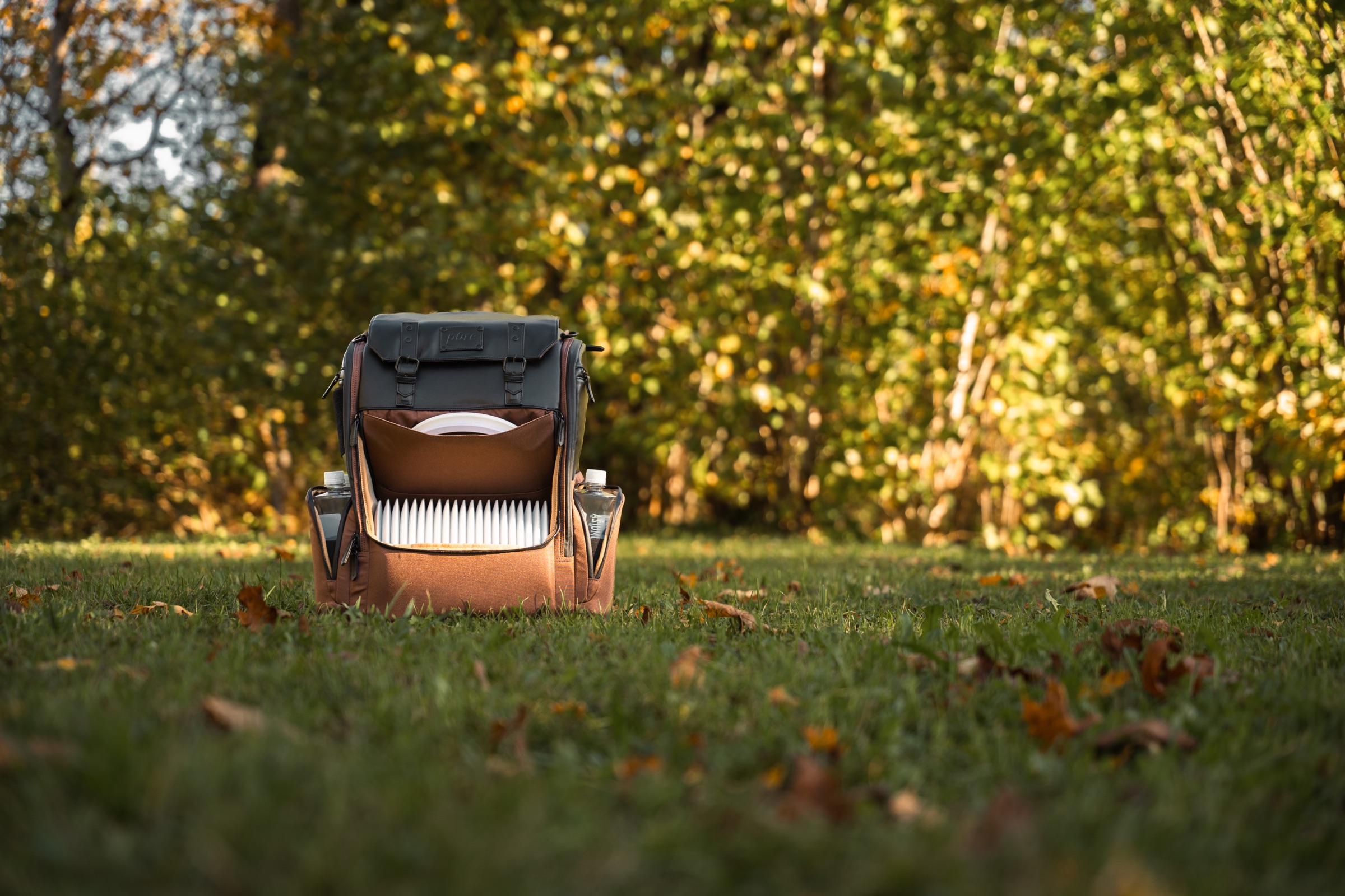 Pure Cookie disc golf bag on grass